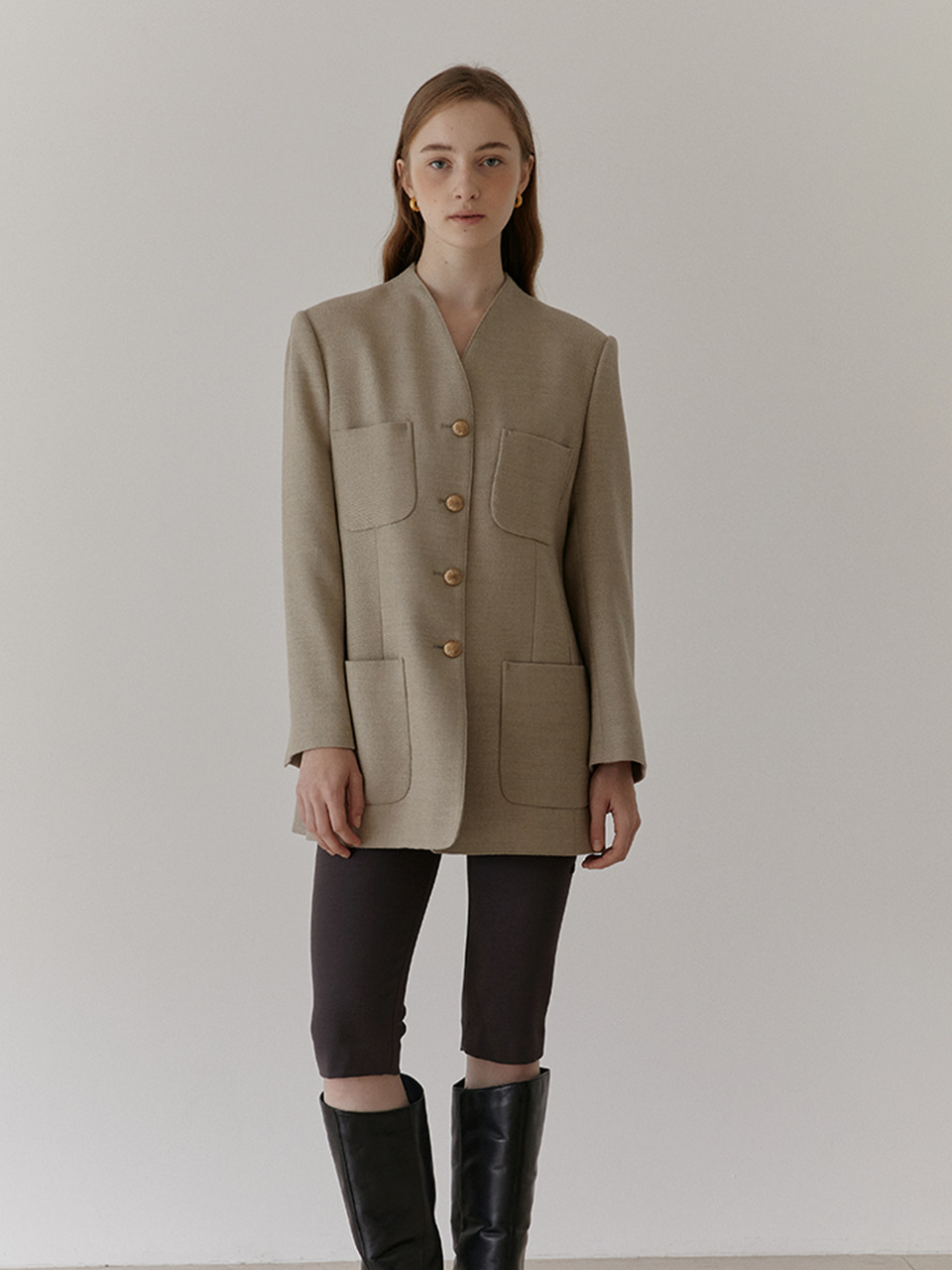 JOYCE collarless A-line wool twill long jacket_Beige