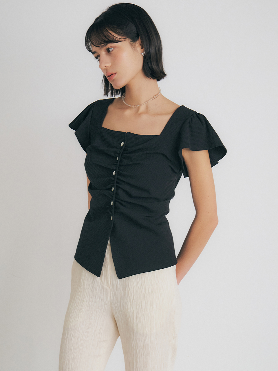 [Low in stock] ANN shirring detail square neck blouse_Black