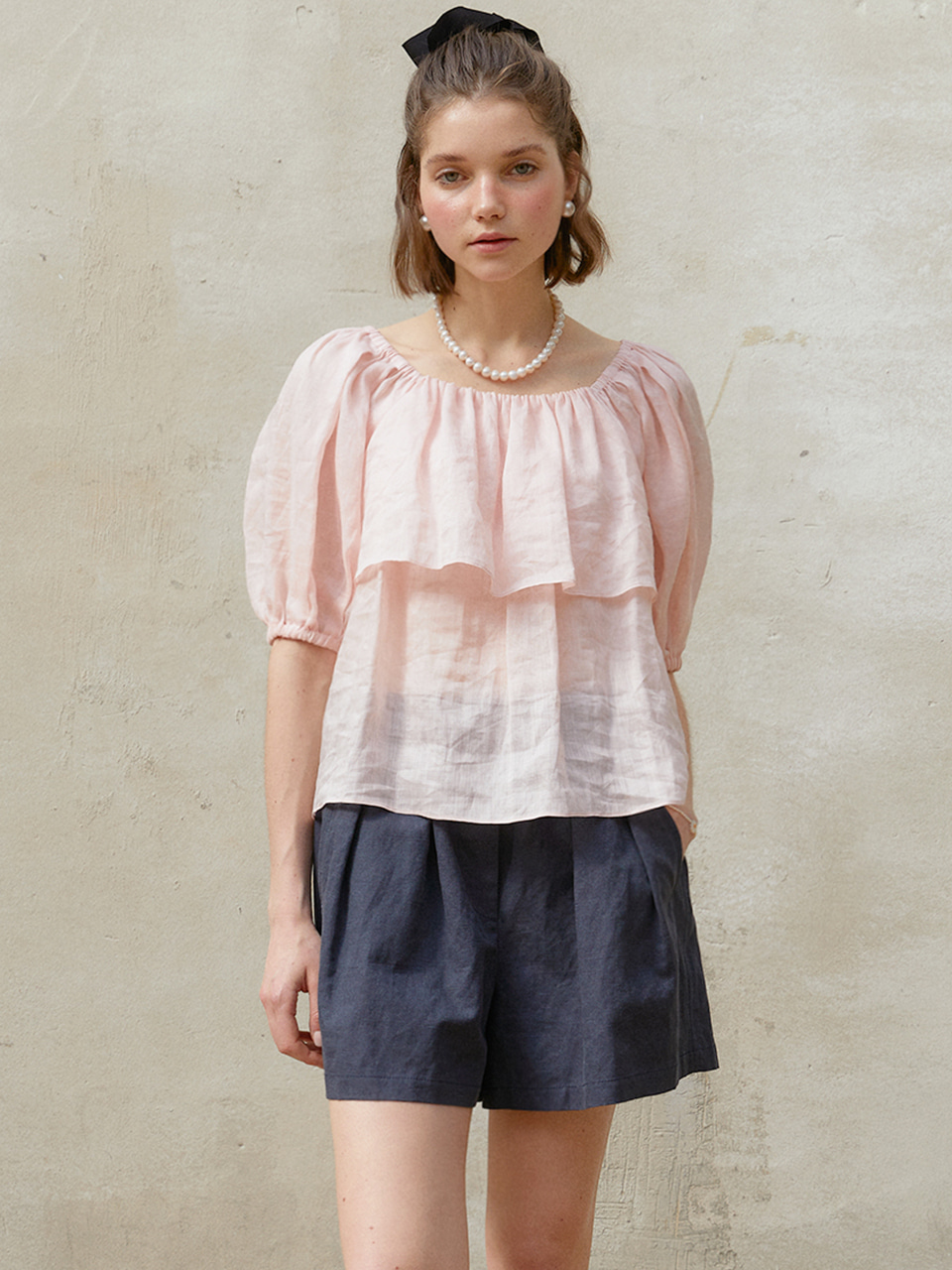 ELLA Two-way Shirring Linen Blouse_Sherbet Pink