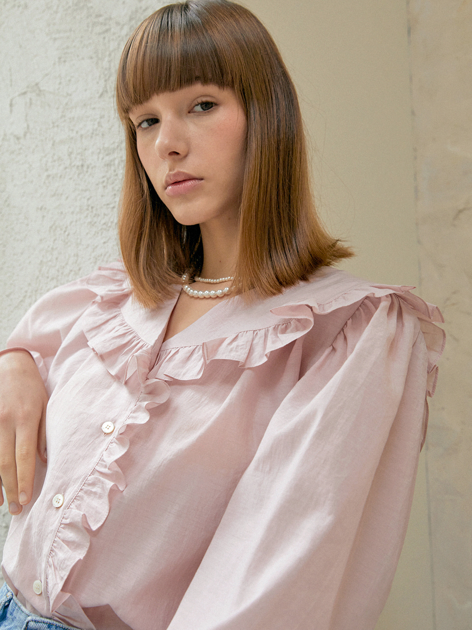 PONNY ruffle triming collar sheer-cotton blouse_DUST-PINK