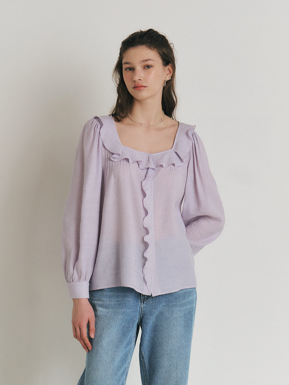 PEONY square neck ruffle collar blouse_Lavender