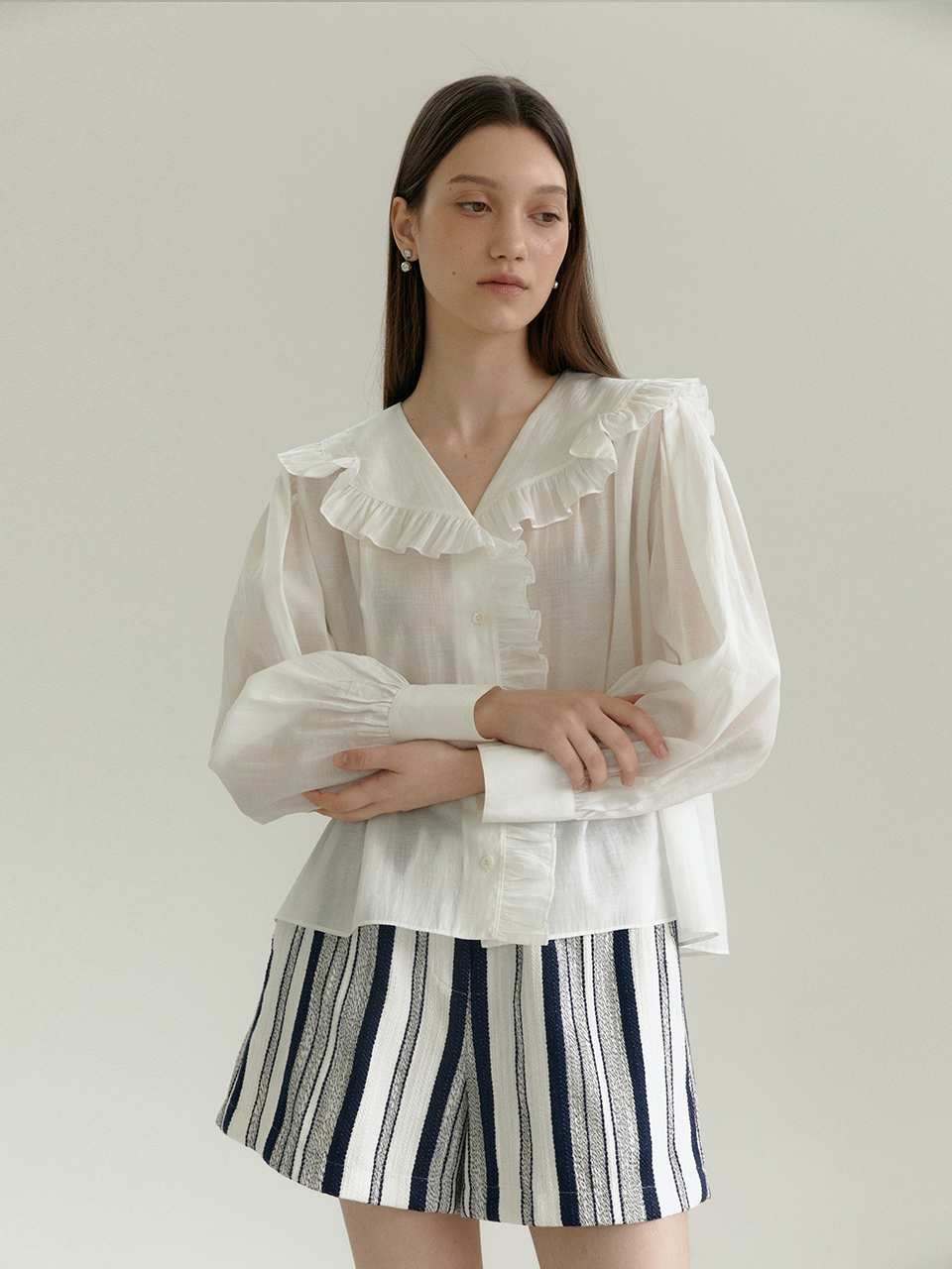 [24S/S 재입고] PONNY_Ruffle Triming Collar Sheer-Cotton Blouse_WHITE
